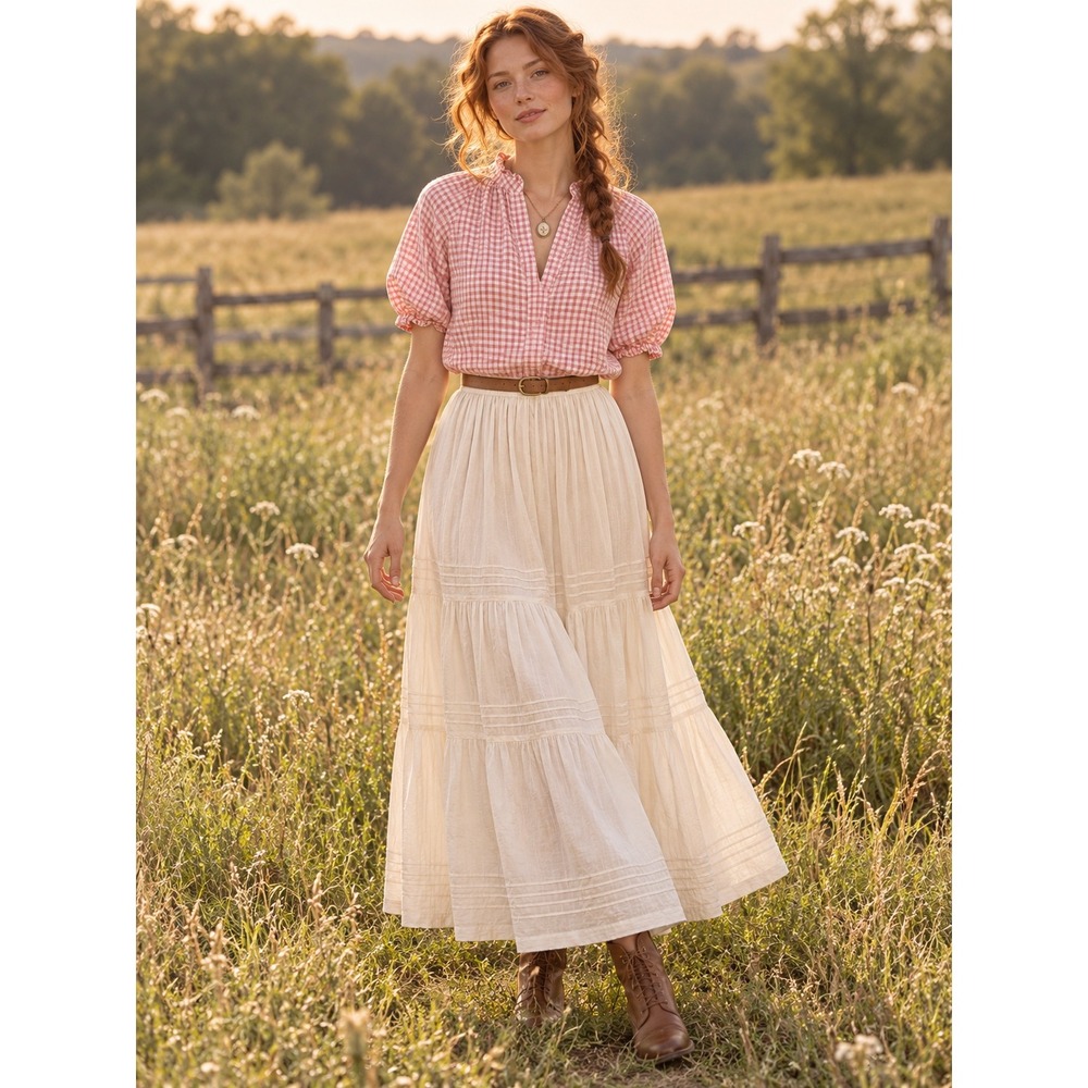 CeCe Pink Gingham Seersucker Ruffle Neck Puff Sleeve Blouse Small